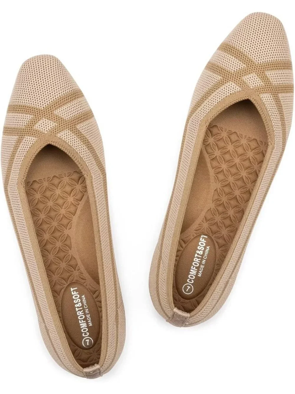 Frank Mully Women's Beige Rubber Knitted Square Toe Comfortable Slip On Flats